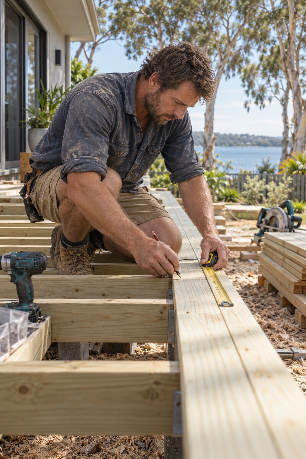 A builder measuring a board on the frame of a new timber deck