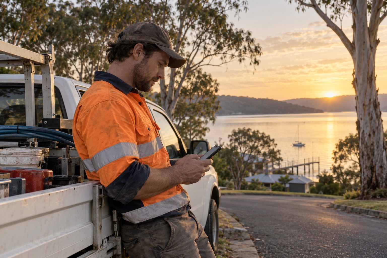 A plumber leaning on the tray of a ute at first light, reading something on his phone