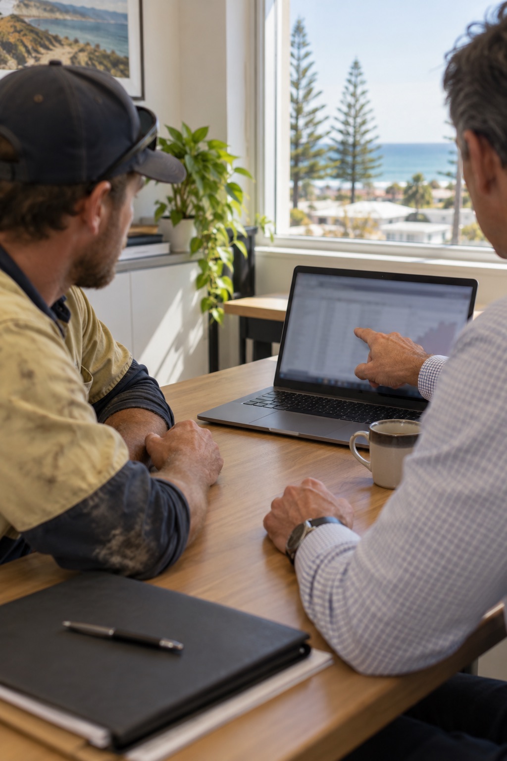 An accountant pointing at a laptop screen across the desk from a client