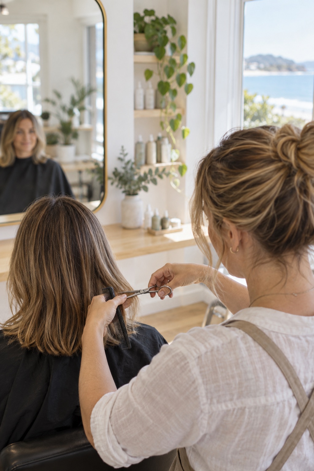A hairdresser working with a client in a bright, small salon